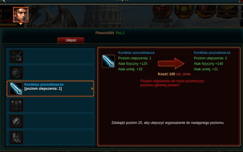 Okno ulepszenia przedmiotów