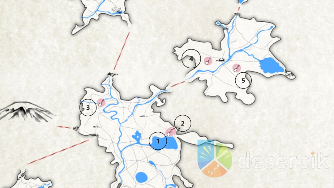 Mapa pokazująca lokalizacje pieśni od 1 do 5